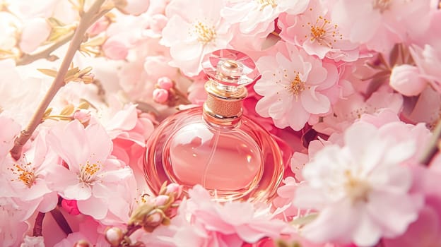 Perfume bottle in flowers, fragrance on blooming background, floral scent and cosmetic product idea