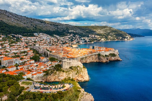 The aerial view of Dubrovnik, a city in southern Croatia fronting the Adriatic Sea, Europe. Old city center of famous town Dubrovnik, Croatia. Dubrovnik historic city of Croatia in Dalmatia. 