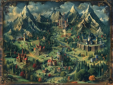 Map of a fictional world, designed with rich details and vibrant colors in digital art form.