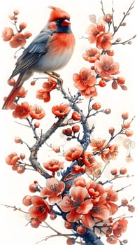 A songbird is perched on a twig of a flowering plant with red flowers, chirping happily. Its colorful beak contrasts beautifully with the vibrant blooms