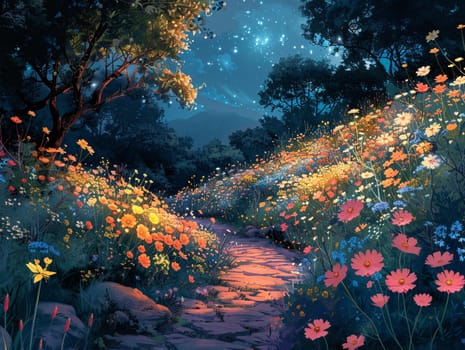 Flower garden at night, illuminated by bioluminescent plants in a magical illustration.