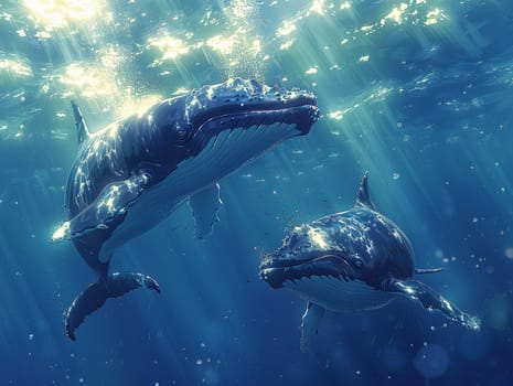 Whale migration under the ocean, beautifully illustrated in an anime style with light filtering through the water.