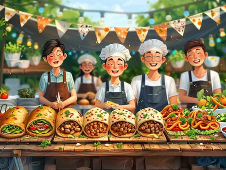 Food festival in cartoon style, designed with cute stock illustrations of delicious dishes and happy visitors.