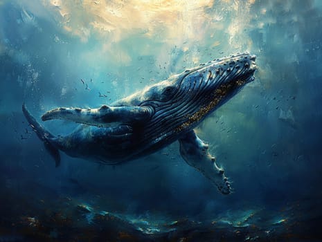 Whale diving into the depths, beautiful royalty-free painting capturing the majestic and serene underwater world.