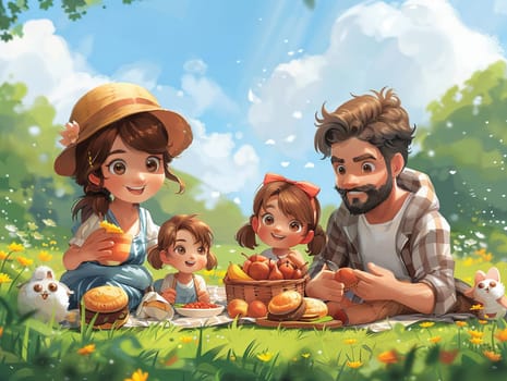 Cartoon family enjoying a picnic in the park, designed with bright colors and happy expressions.