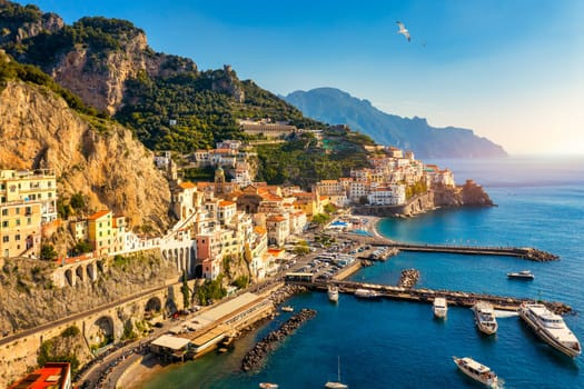 View of beautiful Amalfi town, Campania, Italy. Amalfi coast is most popular travel and holiday destination in Europe. Amalfi cityscape on coast line of mediterranean sea, Amalfi coast, Italy.