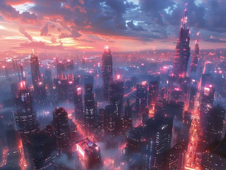 Illustration of a futuristic cityscape in anime style, with vibrant lights and towering skyscrapers.