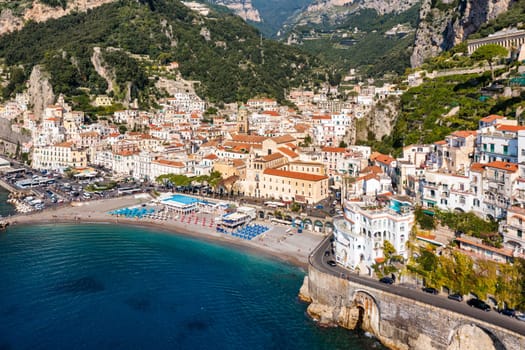 View of beautiful Amalfi town, Campania, Italy. Amalfi coast is most popular travel and holiday destination in Europe. Amalfi cityscape on coast line of mediterranean sea, Amalfi coast, Italy.