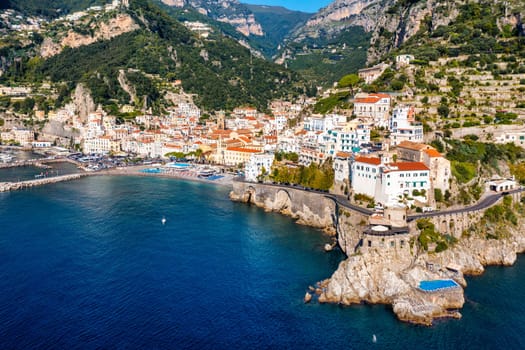 View of beautiful Amalfi town, Campania, Italy. Amalfi coast is most popular travel and holiday destination in Europe. Amalfi cityscape on coast line of mediterranean sea, Amalfi coast, Italy.