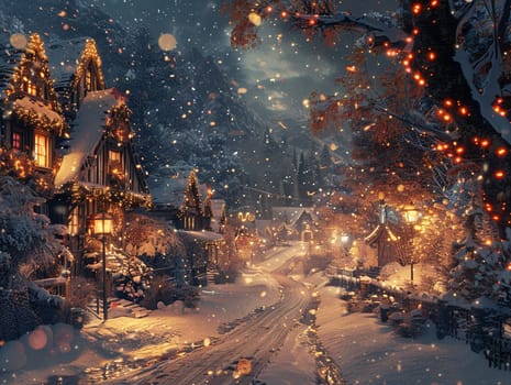 Christmas scene in a cozy anime town, filled with warmth, lights, and holiday spirit.
