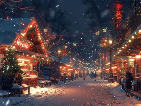 Christmas market bustling with anime-style characters, featuring festive stalls and holiday lights.