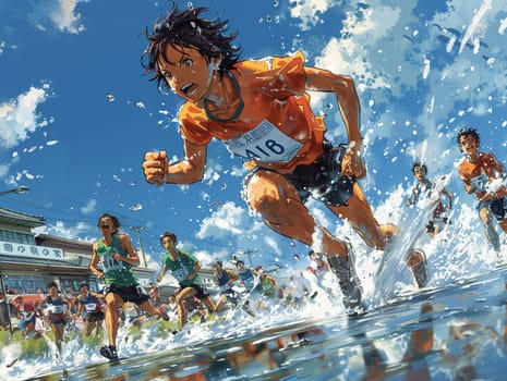 Sporting event featuring anime athletes, with dynamic motion and energy in the illustration.