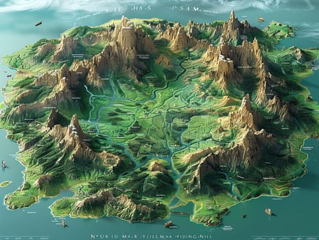 Map of a fictional world with diverse biomes, digital art inviting exploration and storytelling.