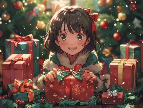 Christmas morning unwrapping gifts, anime illustration capturing joy and surprise.