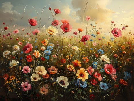 Flower garden at sunrise, beautiful royalty-free painting in oils, capturing the soft light and dew on petals.