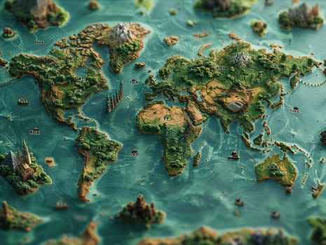 World map in a unique digital art style, creatively highlighting different cultures and landmarks.