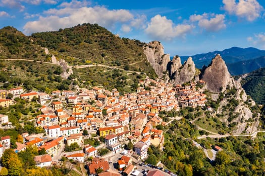 The picturesque village of Castelmezzano, province of Potenza, Basilicata, Italy. Cityscape aerial view of medieval city of Castelmazzano, Italy. Castelmezzano village in Apennines Dolomiti Lucane.