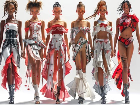 Fashion runway show, illustrated with dynamic poses and avant-garde anime clothing designs.
