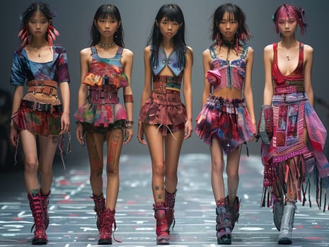 Fashion runway show, illustrated with dynamic poses and avant-garde anime clothing designs.