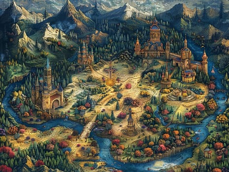 Map of a fictional world, designed with rich details and vibrant colors in digital art form.