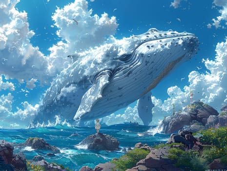 Whale watching excursion with anime characters, illustration showing awe and the majesty of marine life.