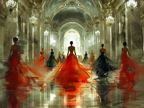 Fashion show runway in a grand palace, illustration with elegant models and exquisite dresses.