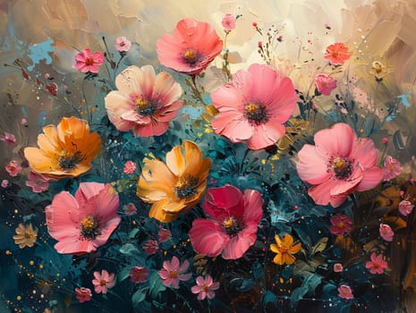 Flower garden at sunrise, beautiful royalty-free painting in oils, capturing the soft light and dew on petals.