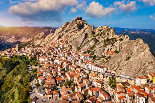 Cityscape aerial view of medieval city of Pietrapertosa, Italy. View of Pietrapertosa town in the Lucanian Dolomites in Italy. Pietrapertosa village in Apennines Dolomiti Lucane. Basilicata, Italy.