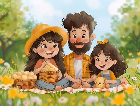 Cartoon family enjoying a picnic in the park, designed with bright colors and happy expressions.