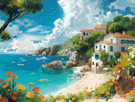 Cartoon illustration of a lively beach day, designed with cute characters and bright, sunny colors.