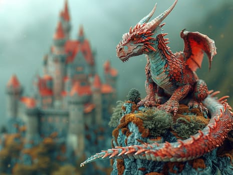 Dragon perched atop a castle, blending 3D style with traditional fantasy illustration.