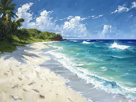 Drawing of a serene beach scene, illustrated in acrylics for a royalty-free painting.