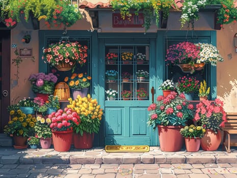 Flower shop on a sunny day, illustration with a welcoming vibe and a rainbow of colors.