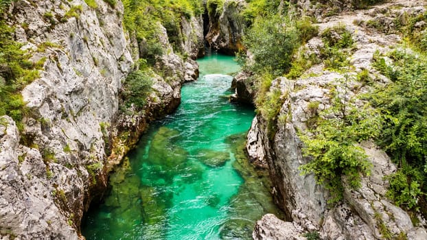 Amazing  Soca river gorge in Slovenian Alps. Great Soca Gorge (Velika korita Soce), Triglav National park, Slovenia. Great canyon of Soca river, Bovec, Slovenia. Soca Gorge in Triglav National Park.