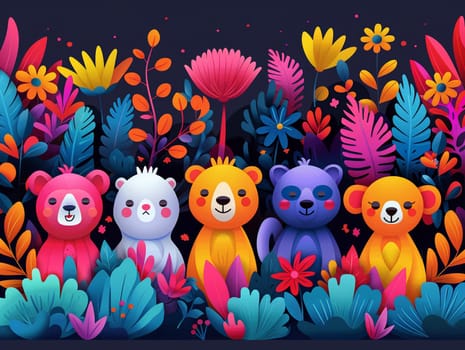 Animal parade in a fantastical setting, cartoon illustration designed with vibrant colors and joyful expressions.