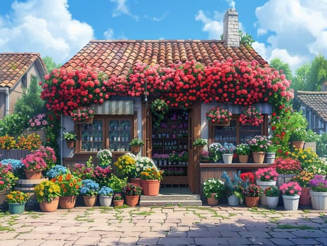 Flower shop on a sunny day, illustration with a welcoming vibe and a rainbow of colors.