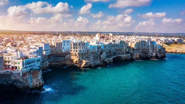 Spectacular cityscape of Polignano a Mare town, Puglia region, Italy, Europe. Polignano Al Mare, scenic small town in Puglia, Italy. Polignano a Mare village on the rocks, Bari, Apulia, Italy. 
