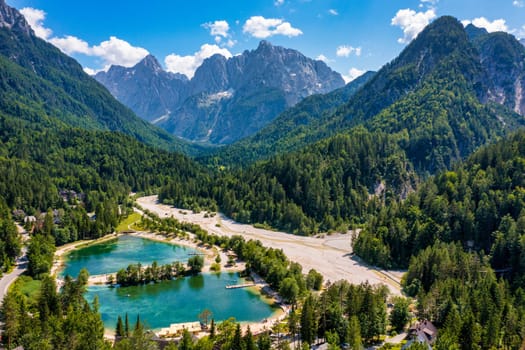 Great nature scenery in Slovenian Alps. Incredible summer landscape on Jasna lake. Triglav national park. Kranjska Gora, Slovenia. Mountain lake Jasna in Krajsnka Gora, Slovenia. 