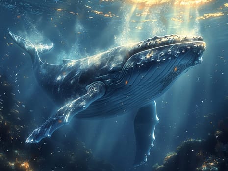 Whale migration under the ocean, beautifully illustrated in an anime style with light filtering through the water.