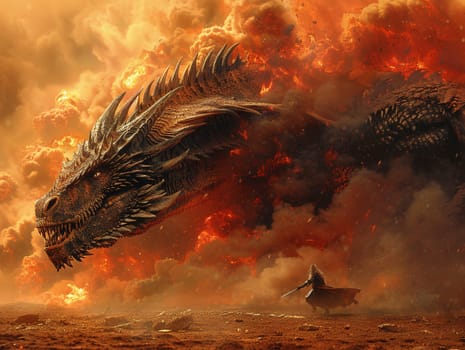 Dragon and knight epic battle scene, digitally created image with explosive action and fine detail.