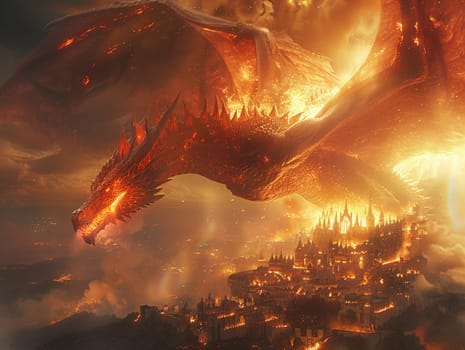 Dragon soaring above a medieval castle, digitally created image with dynamic fire effects and detailed scales.