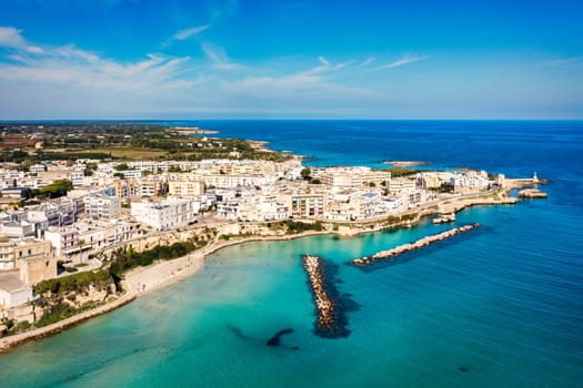 Aerial view of Otranto town on the Salento Peninsula in the south of Italy, Easternmost city in Italy (Apulia) on the coast of the Adriatic Sea. View of Otranto town, Puglia region, Italy.