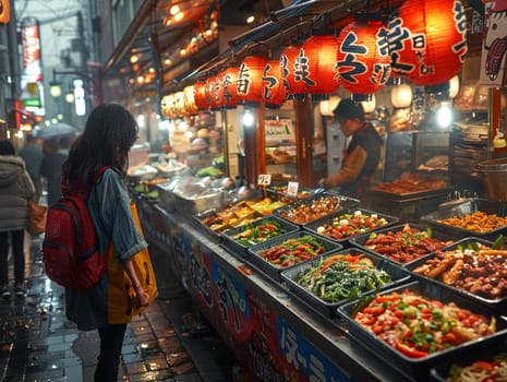 Food market bustling with anime characters, showcasing a variety of illustrated culinary delights.