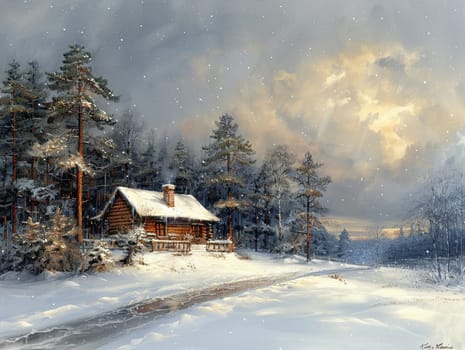 Illustration of a cozy winter cabin in acrylics, drawing attention to the warmth and solitude in a snowy landscape.