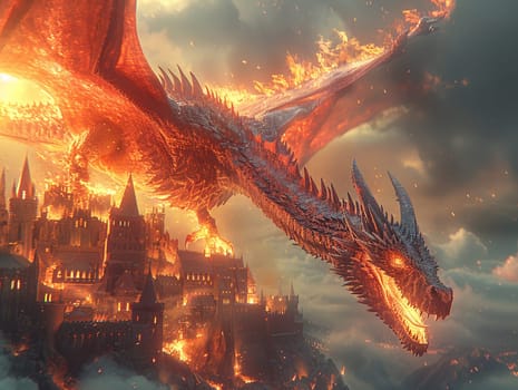 Dragon soaring above a medieval castle, digitally created image with dynamic fire effects and detailed scales.