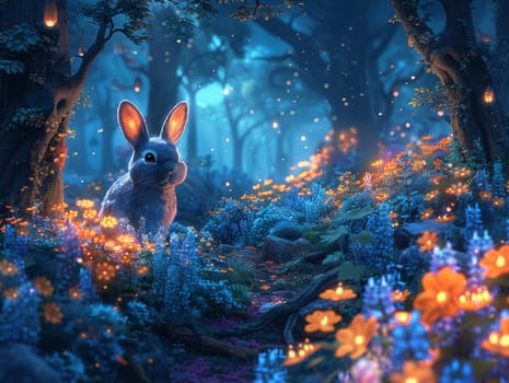 Digitally created whimsical forest scene in Photoshop, featuring magical creatures and glowing flora.