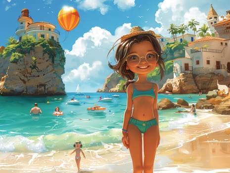 Cartoon illustration of a lively beach day, designed with cute characters and bright, sunny colors.