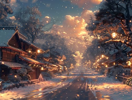 Christmas scene in a cozy anime town, filled with warmth, lights, and holiday spirit.