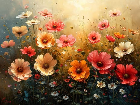 Flower garden at sunrise, beautiful royalty-free painting in oils, capturing the soft light and dew on petals.