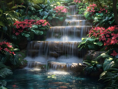 Waterfall oasis digitally created in Photoshop, featuring serene water flows surrounded by lush vegetation.